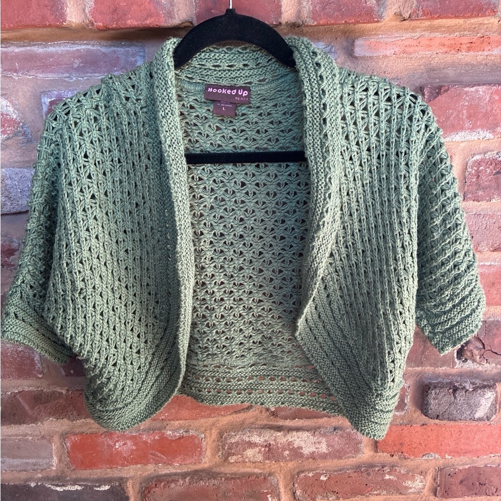 Hooked Up by IOT Olive Green Open Crochet Short Cardigan